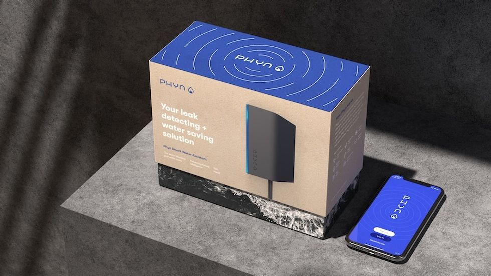 A brown and blue cardboard box seated on a shelf, with the word "Phyn" across the front