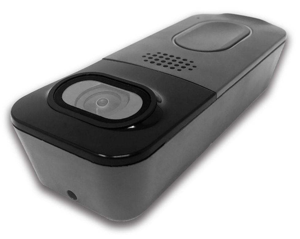A camera at the top of the video doorbell from Maximus, with a speaker underneath