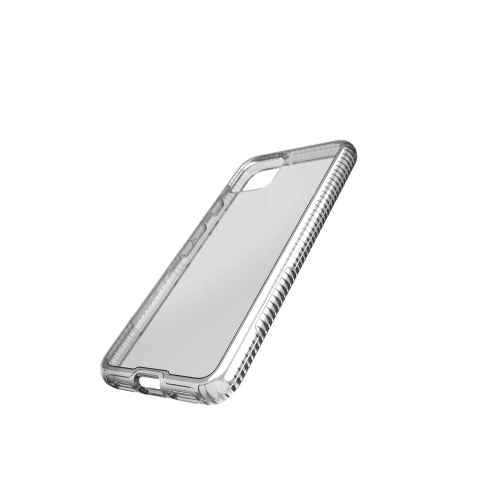 A clear smartphone case against a white background, without a phone inside