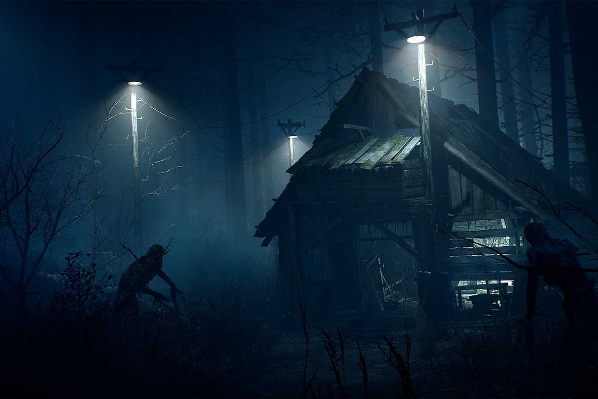 A falling down house in the woods in almost complete darkness, and a raven nearby