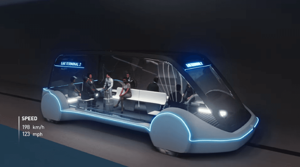 a futuristic photo of self-driving car with passengers inside that will ride in boring channel