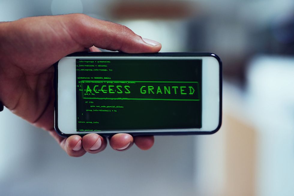 A hand holding a smartphone with the words, "access granted" across the screen