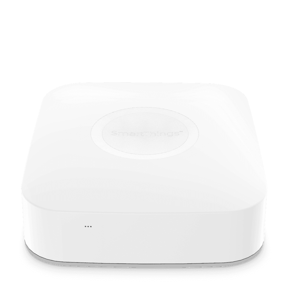 A.I. Home Solutions works with a number of IoT devices, including the Samsung SmartThings Hub, pictured here,, to build a custom smart home solution