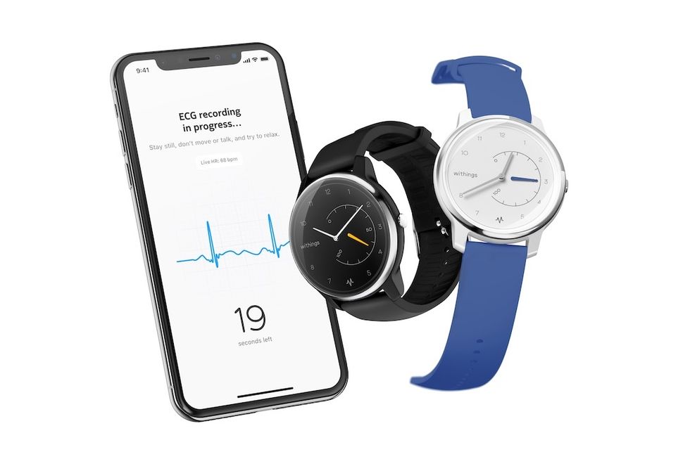 A iPhone with a screenshot of a heart rhythm, and two smartwatches, one with a blue and one with a black band