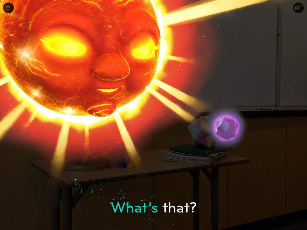 A large orange and yellow star with yellow rays speaks to a small purple orb