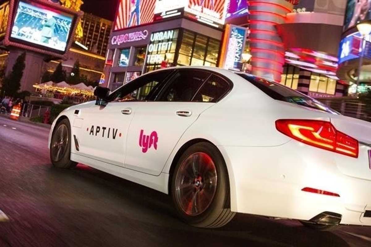 a photo of a autonomous Lyft car in las vegas.
