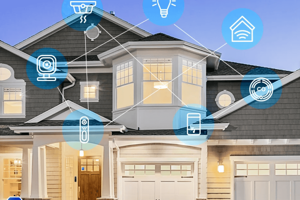 a photo of a home with Brinks Home Security with overlays showing smart home devices on the home.