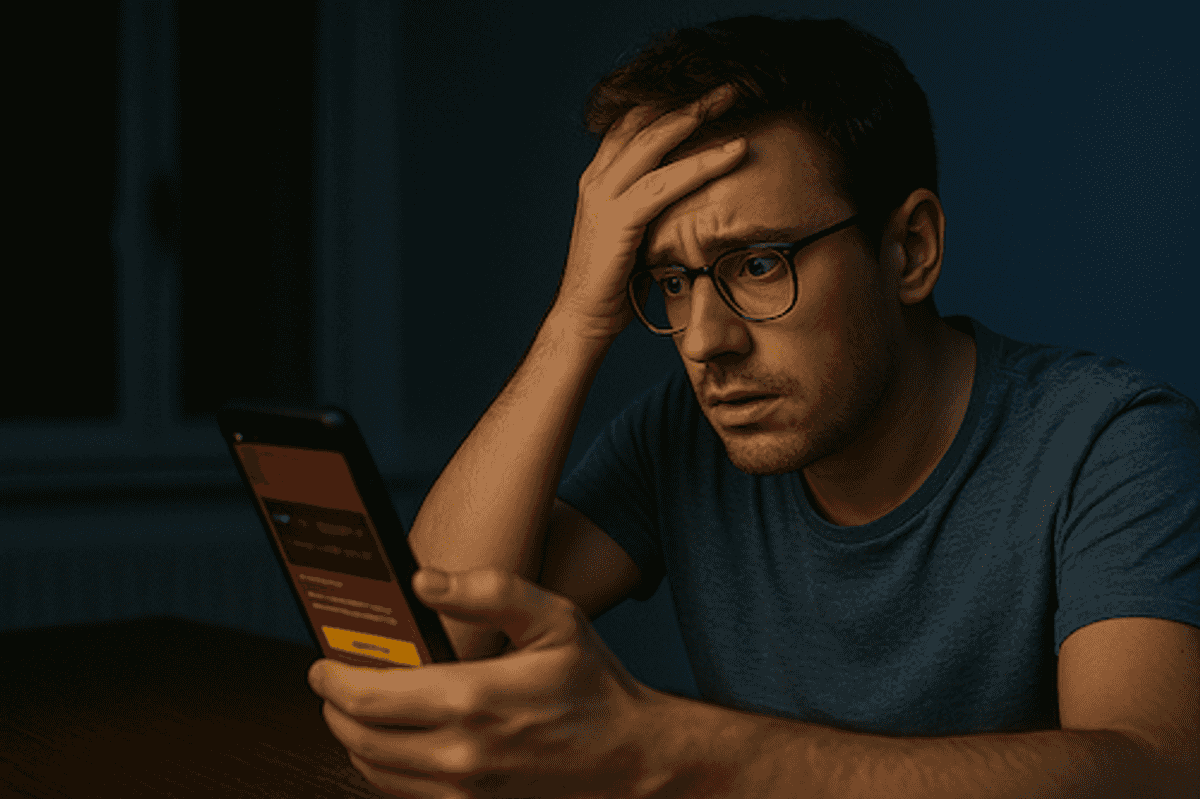 a photo of a man on his cellphone in panic mode