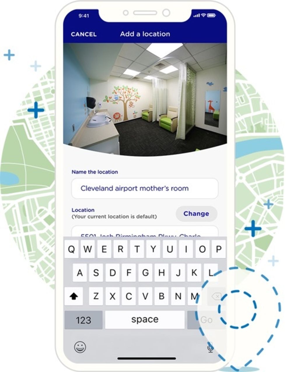 A photo of a nursing room on screen of a smartphone with chairs and tables