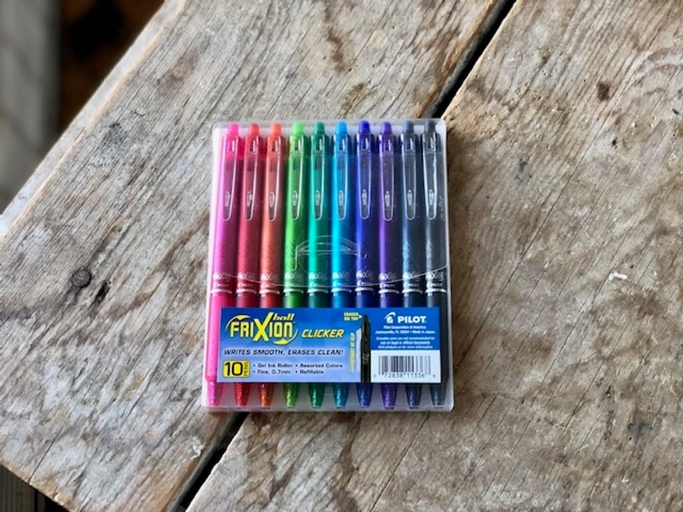 A photo of a pack of 10 multi-colored gel pens with FriXion ink