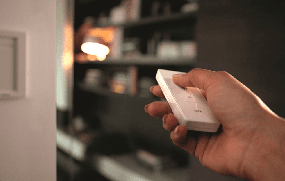 a photo of a remote control for smart lighting in a person's hand