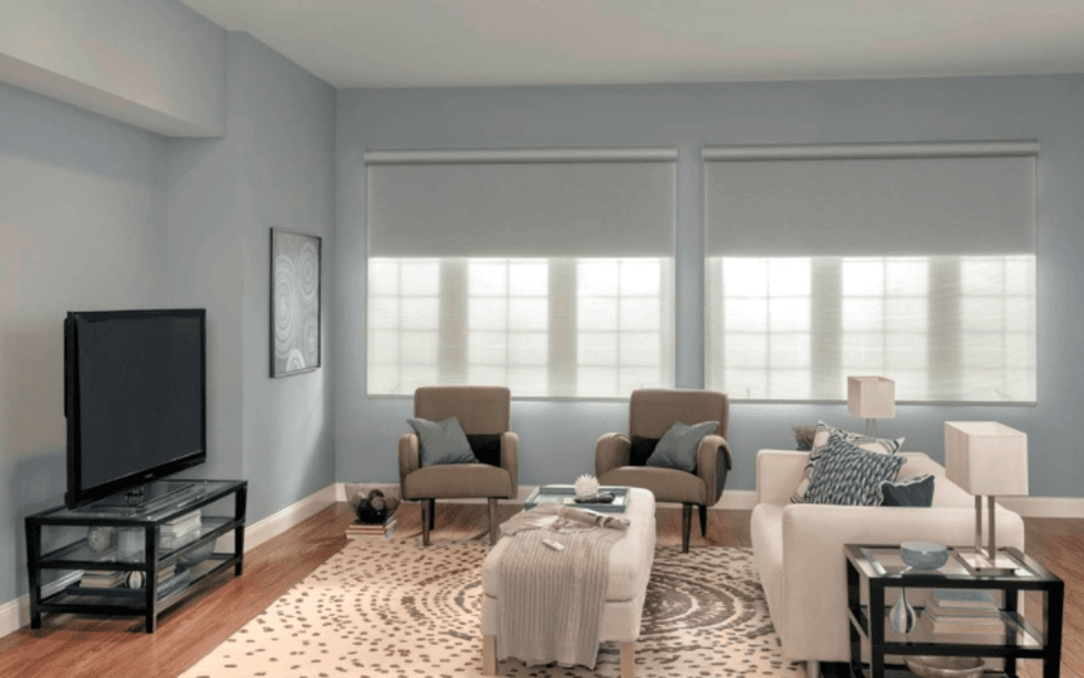 a photo of a room with smart shades and blindes.