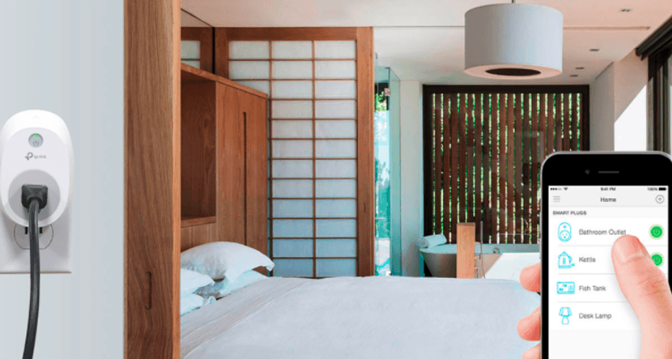 a photo of a smart bedroom with a smart plug with app control