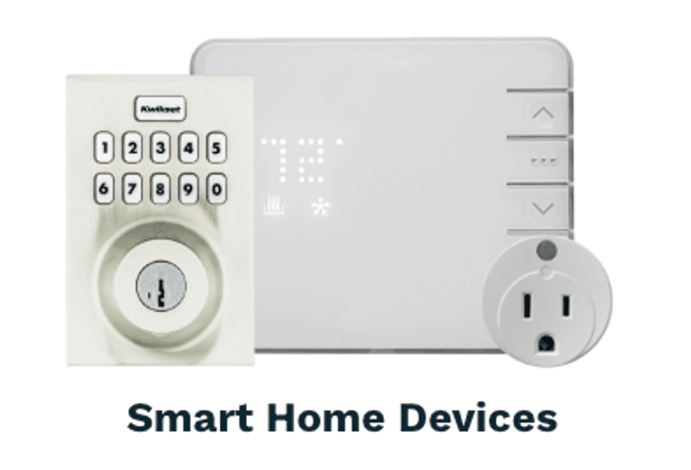 a photo of a smart lock, smart plug, and smart thermostat that work with Brinks Home Security