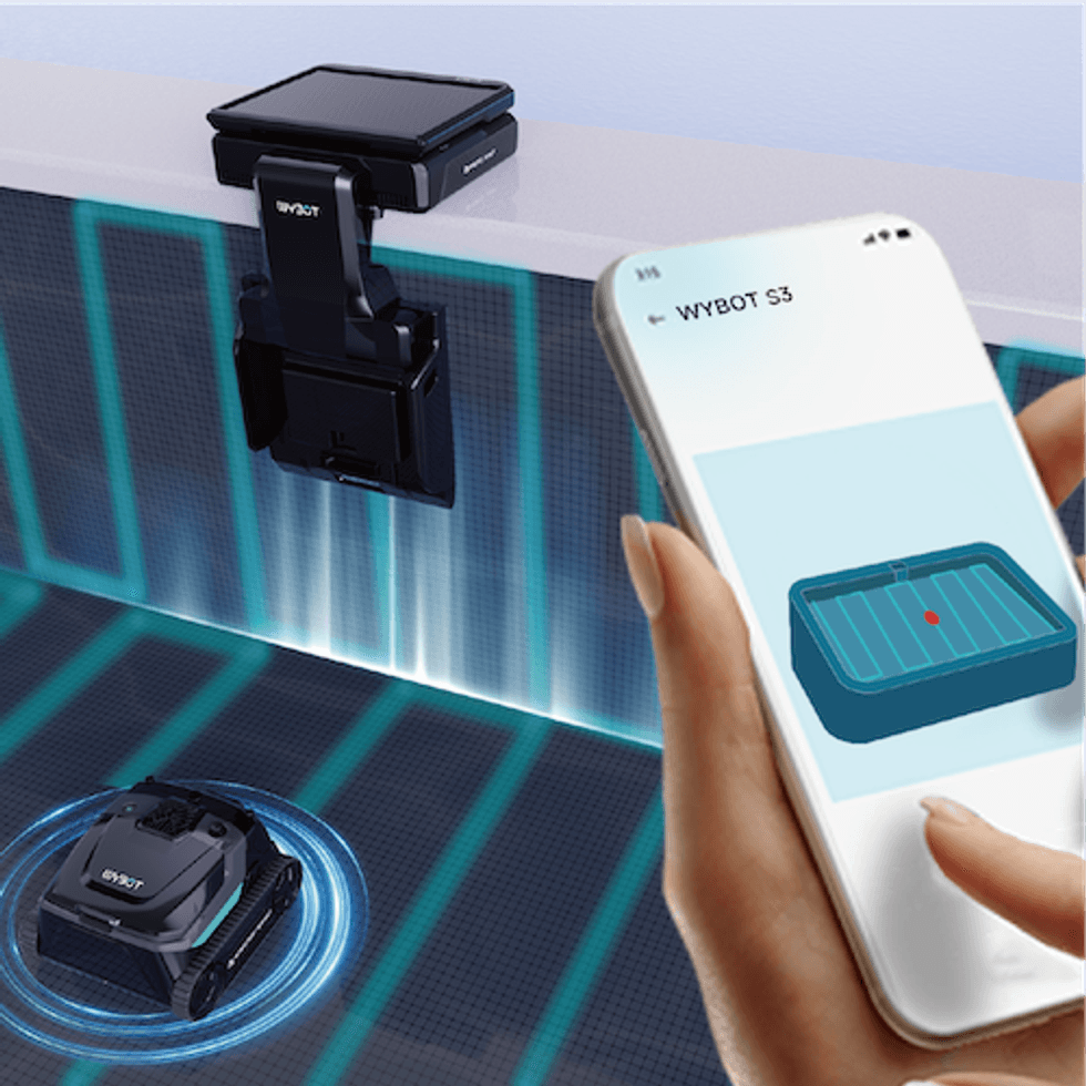 a photo of a smartphone controlling the wybot robot pool cleaner while it's underwater.