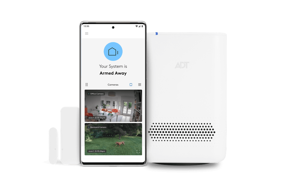 a photo of a smartphone showing ADT app and an ADT Hub next to the smartphone