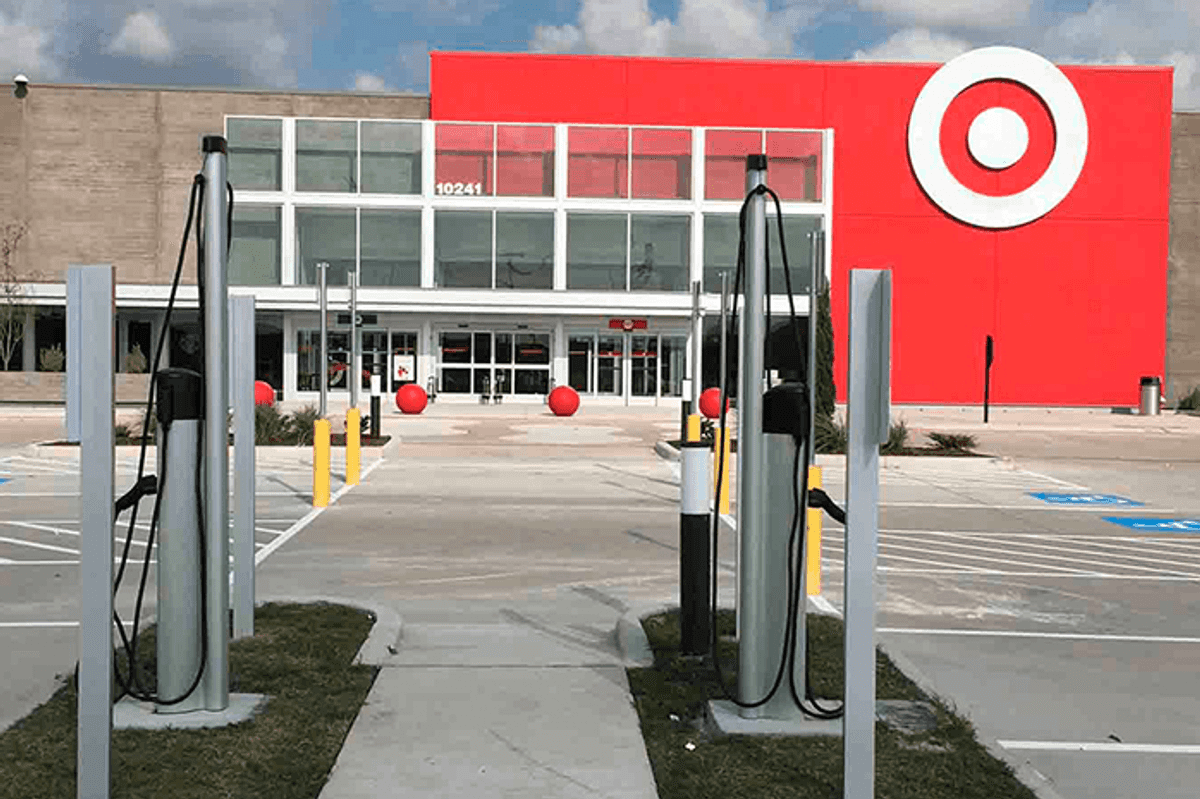 A photo of a Target parking lot with electric car charging stations