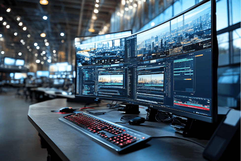 a photo of a video editing set up in a studio