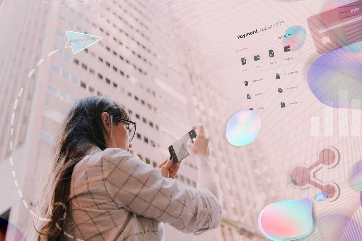 a photo of a woman taking a picture on a smartphone in a city