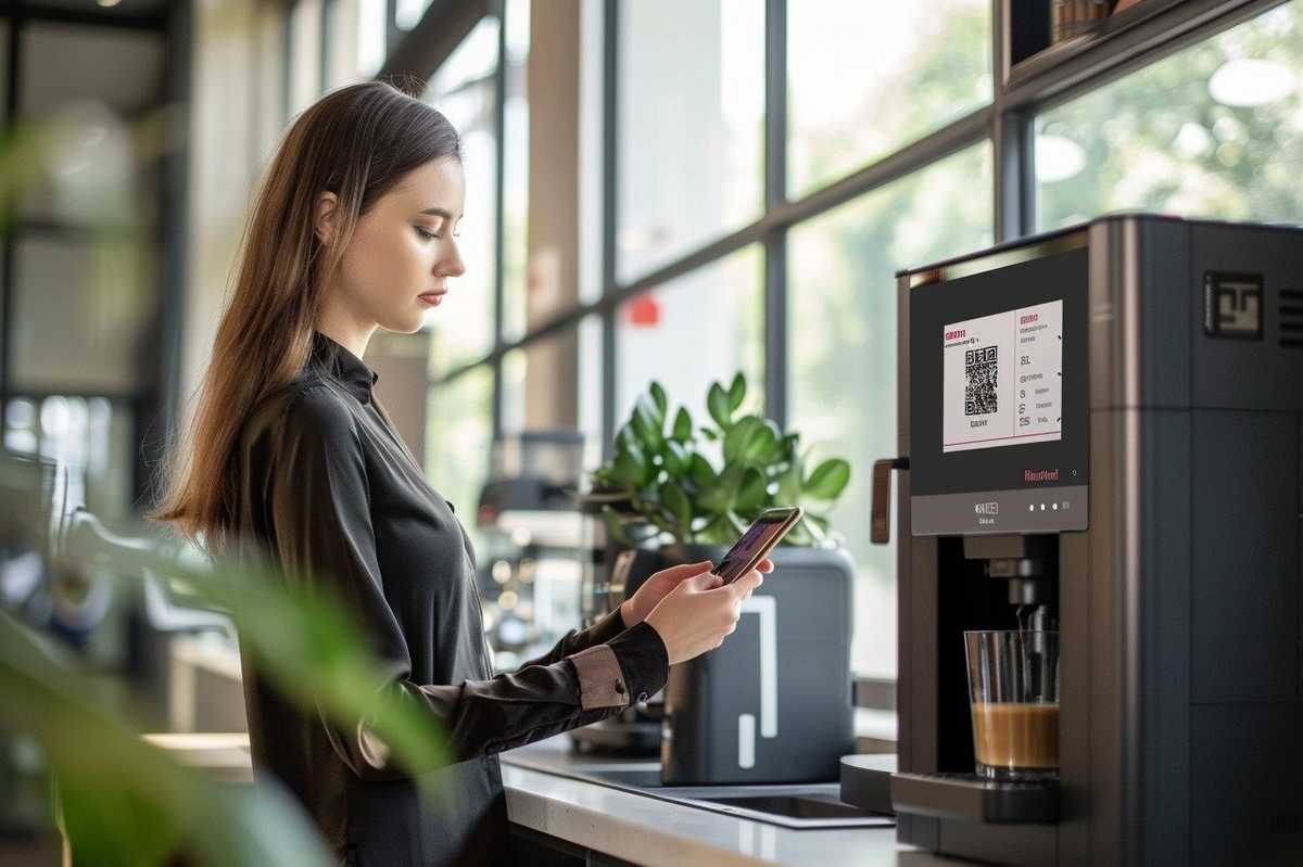 A photo of a woman using her smartphone in front of a coffee maker.