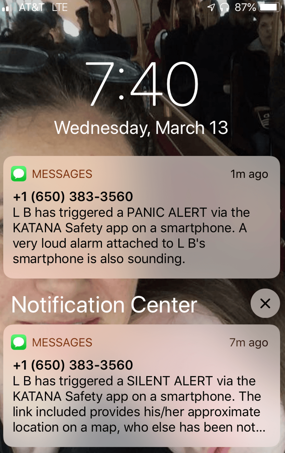 A photo of alerts coming through the \u200bKatana app, which goes to contacts, letting them know when you've set off an alarm