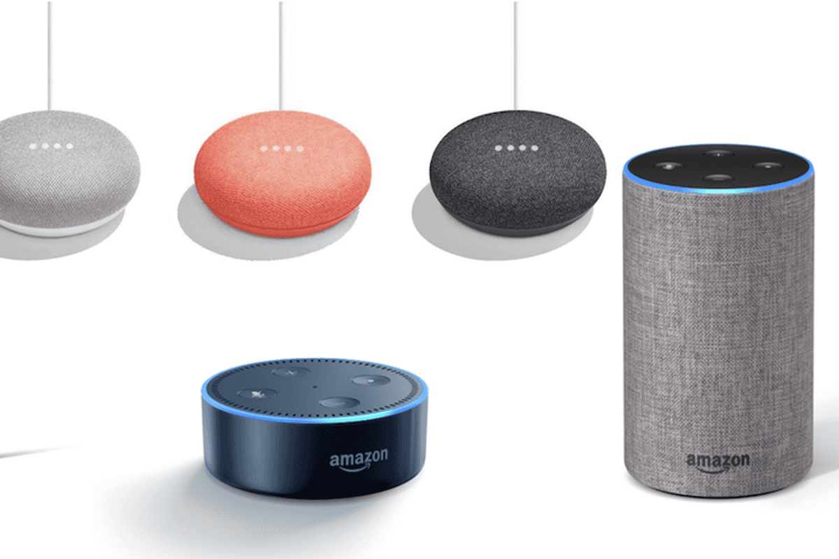a photo of alexa and google assistant smart speakers