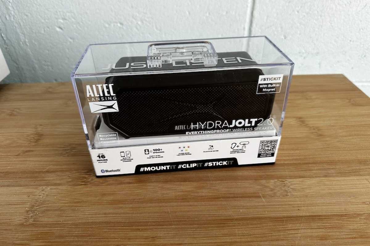 a photo of Altec Lansing HydraJolt 2.0 EVERYTHINGPROOF Wireless Speaker in its box on a counter.