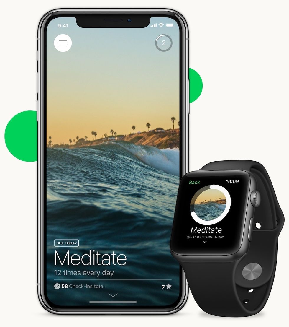 A photo of an Apple Watch and iPhone with an image of an ocean and the word Meditate across each screen
