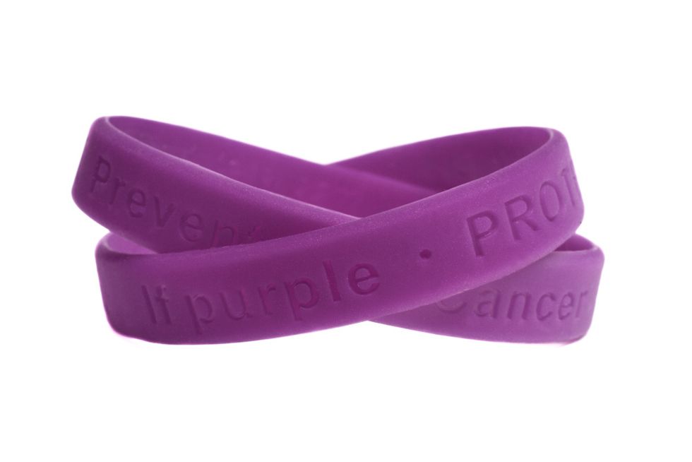 A photo of an inexpensive color changing wristband from SupportStore, which goes from white to purple when you head out in the sun