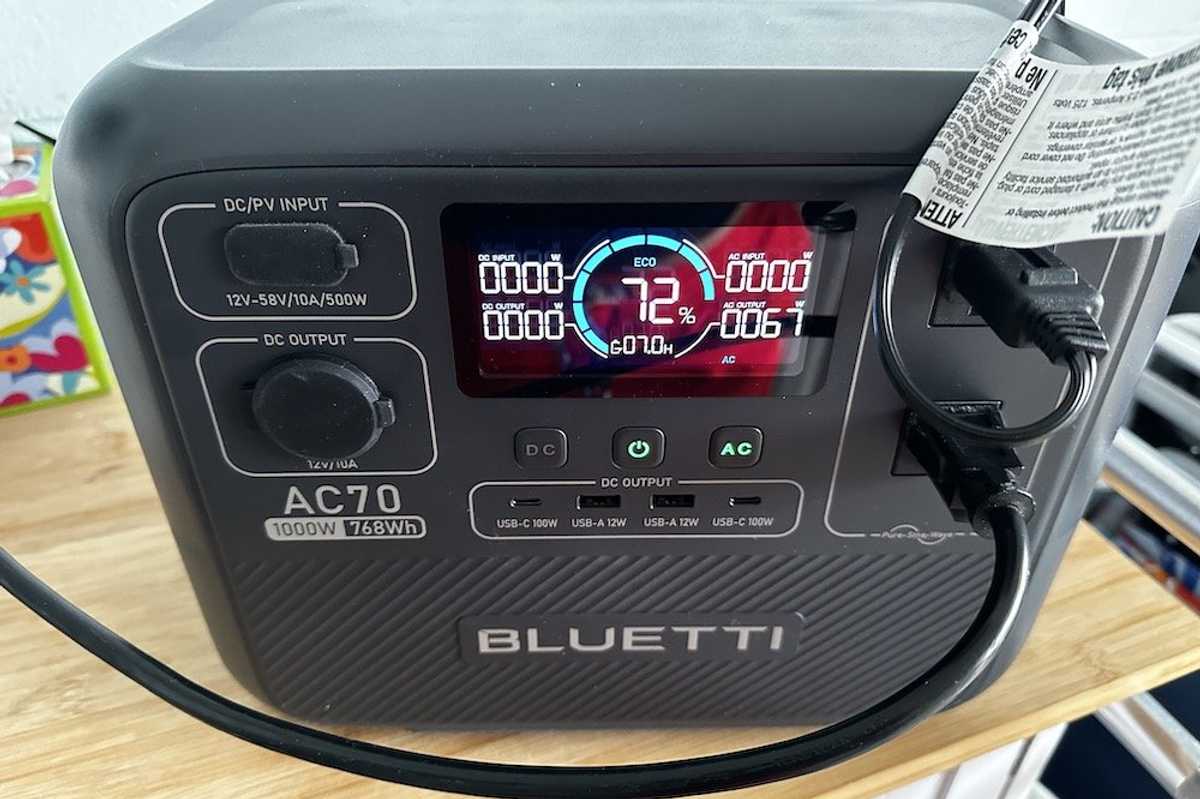 a photo of Bluetti AC70 Portable Power Station display showing power usage
