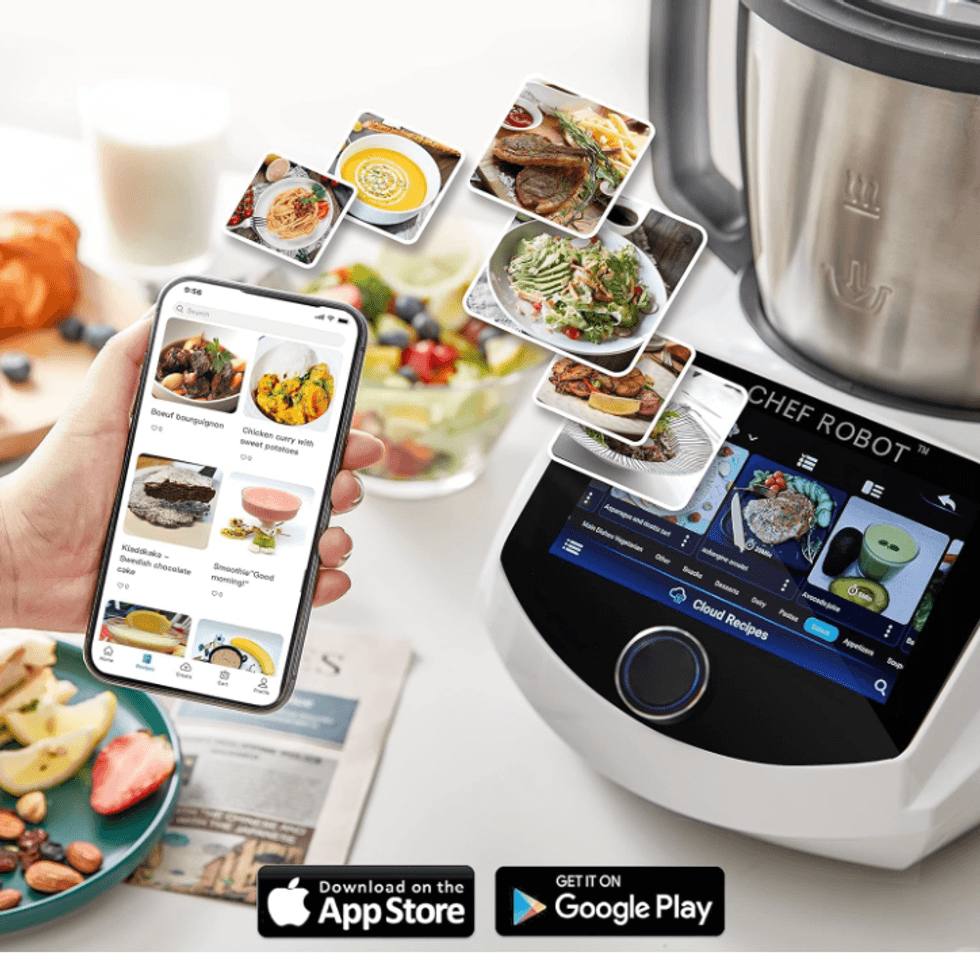 a photo of ChefRobot Ultra Smart Food Processor with smartphone and recipes