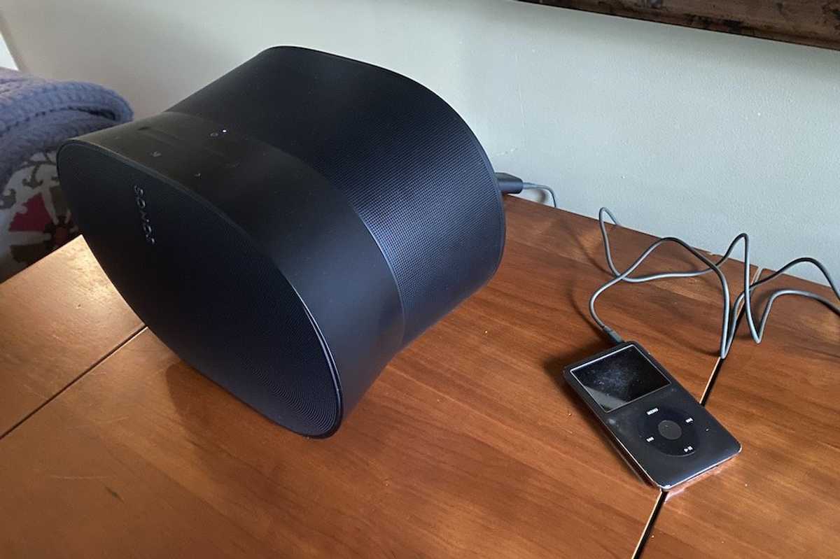 a photo of Era 300 speaker connected to an iPod via Sonos Line-In Adapter
