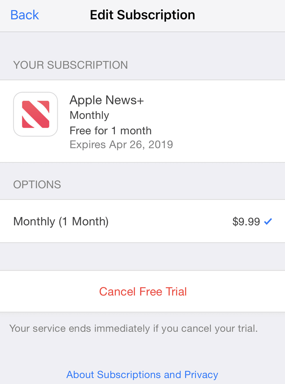 A photo of how to unsubscribe to News+, which requires that \u200byou go to iTunes in your settings, not to the News+ app