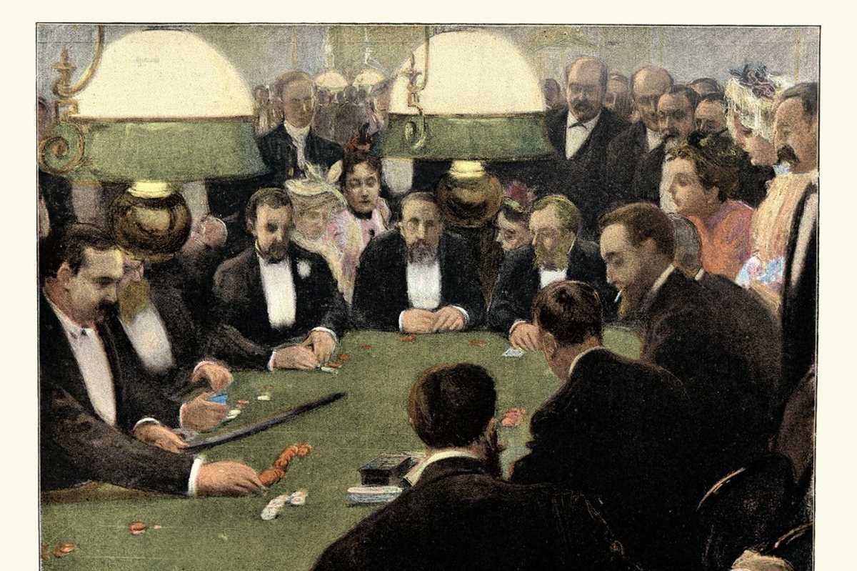 a photo of Le Tapis Vert, Men playing cards in a casino, Gambling, Victorian, 1890s, 19th Century