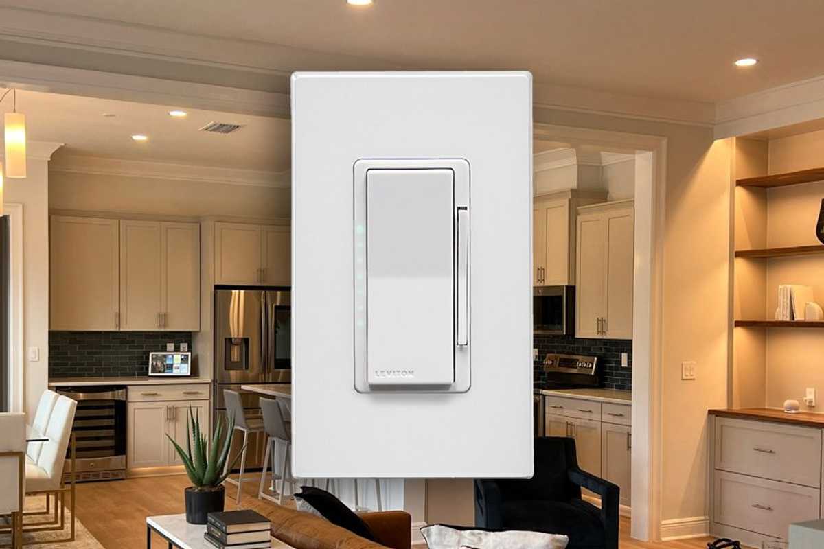 a photo of Leviton Decora Smart Wi-Fi ELV/LED Dimmer and a photo of a room in an apartment