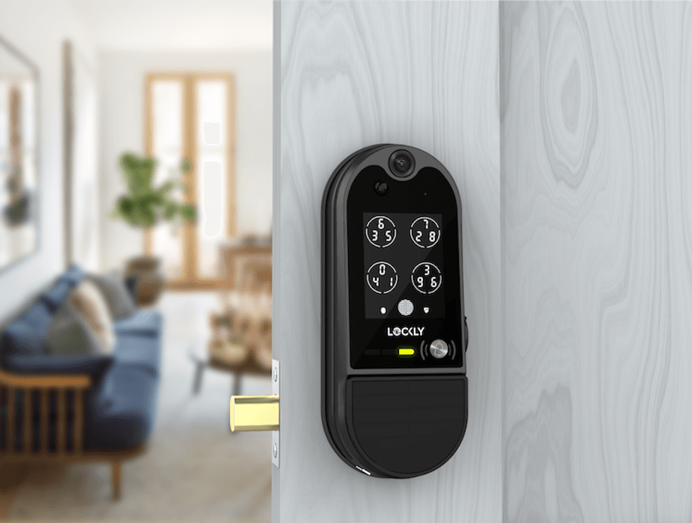 a photo of Lockly Vision Elite smart lock with video doorbell and camera on a door