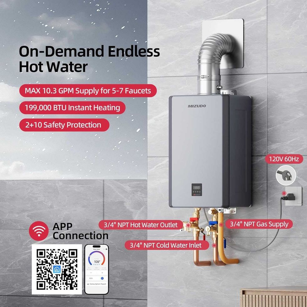 a photo of Mizudo tankless water heater showing app