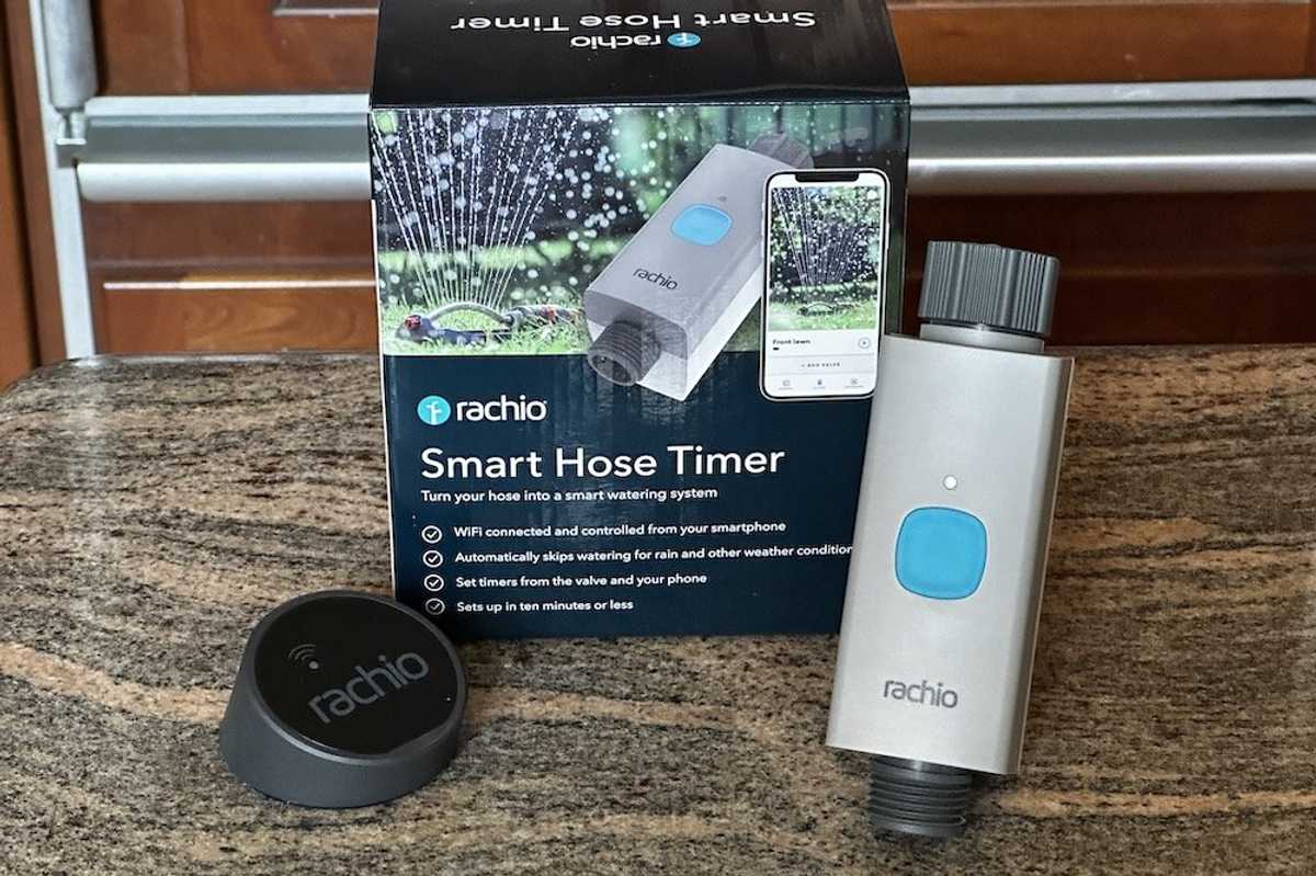 a photo of Rachio Smart Hose Timer and box on a counter