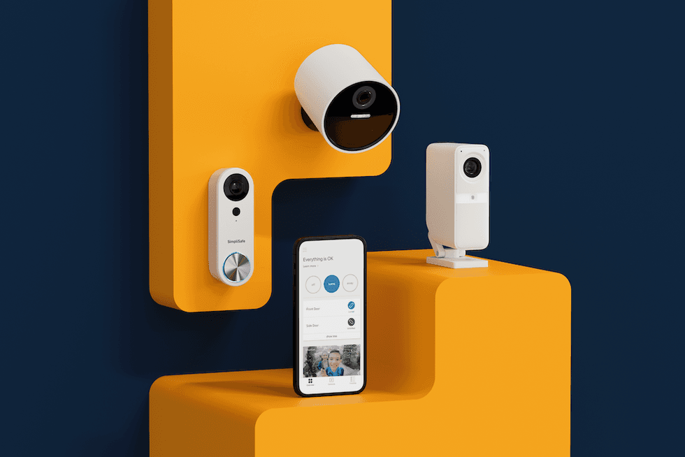 a photo of SimpliSafe's best selling products which incluedes video doorbell, indoor and outdoor cameras, and mobile app.