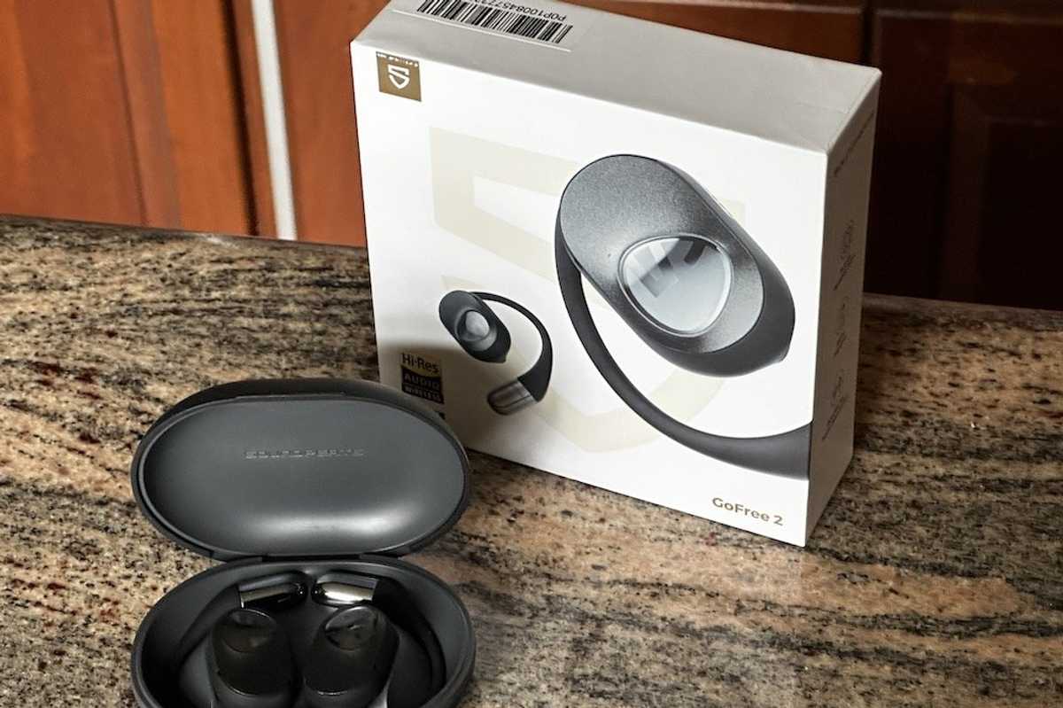 a photo of SoundPEATS GoFree2 Open Ear Headphones and box on a countertop