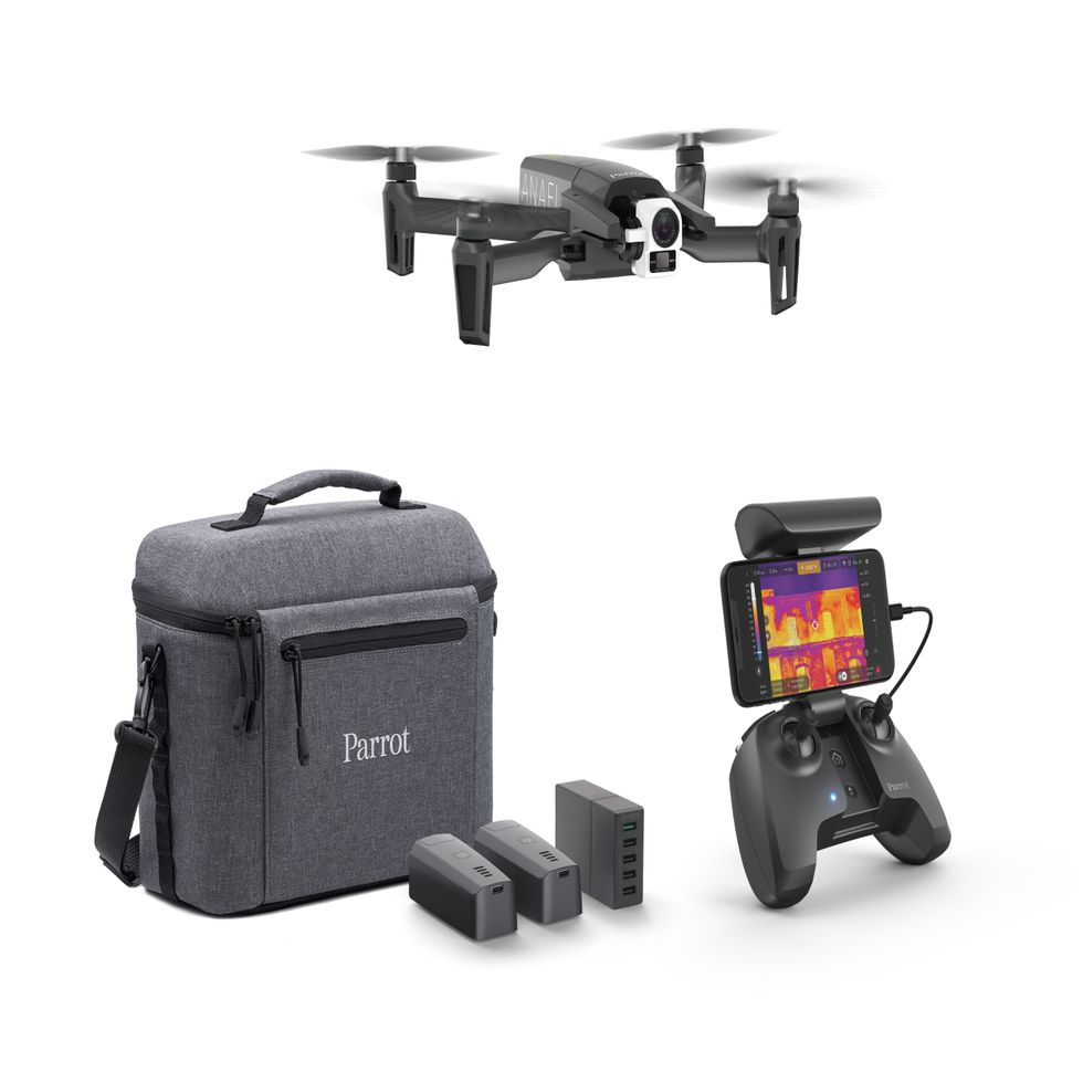 A photo of the Anafi Thermal drone from Parrot which comes with a carrying case, controller and three battery packs