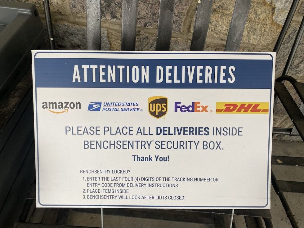 a photo of the BenchSentry sign with instructions for your delivery person