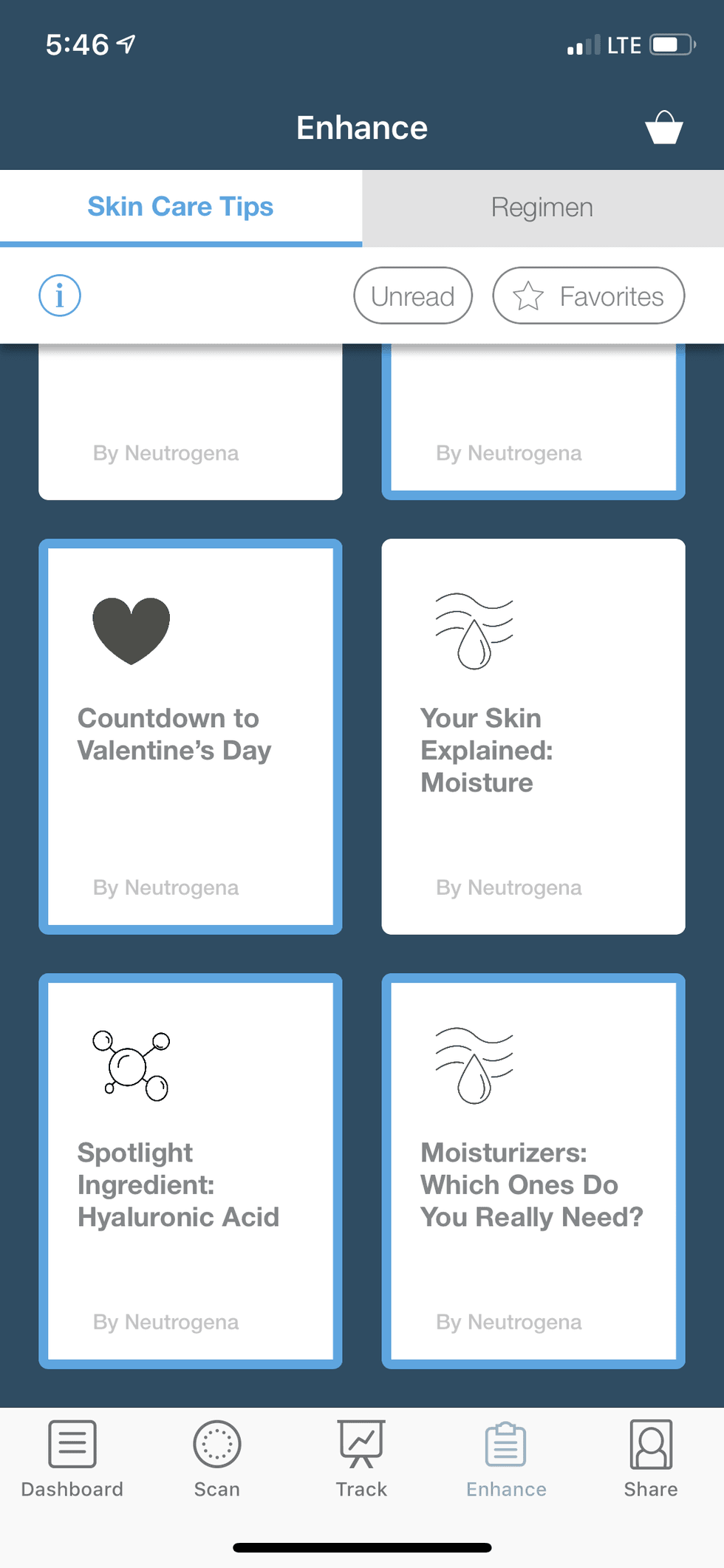 A photo of the guides in the Enhance tab of Neutrogena's Skin360 app with suggestions and skin care tips