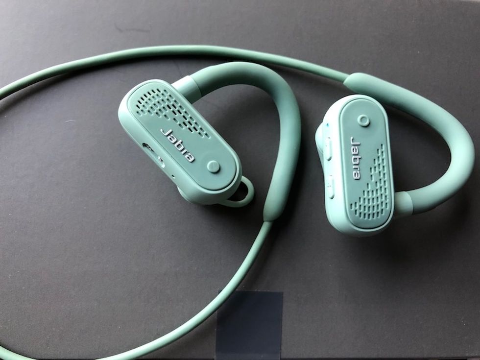 A photo of the Jabra Elite Active 45e earphones and the controls on the earbud portion