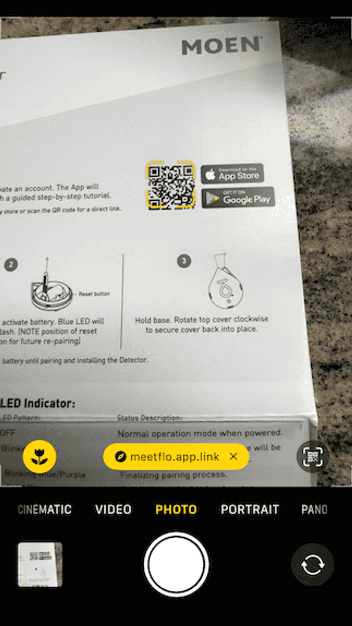 a photo of the QR code on the box to download the Moen App