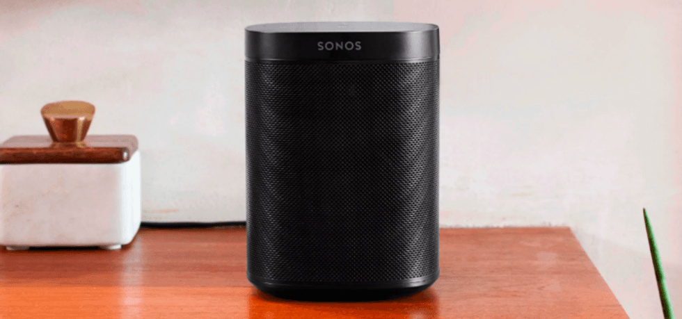 A photo of the Sonos One Speaker which \u200bplays crisp sounds and has Amazon Alexa inside