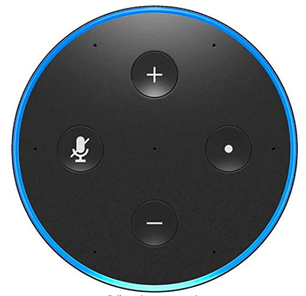 A photo of the top of the Amazon Echo device with four buttons that can help operate the smart speaker