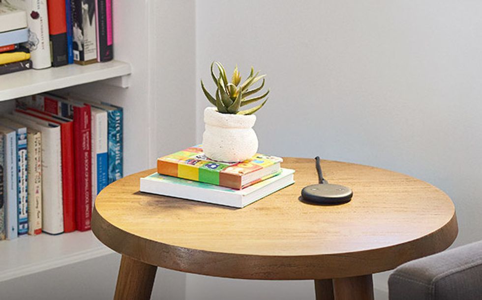 A photo of the \u200bAmazon Input which has two buttons, one that turns off the Alexa microphone