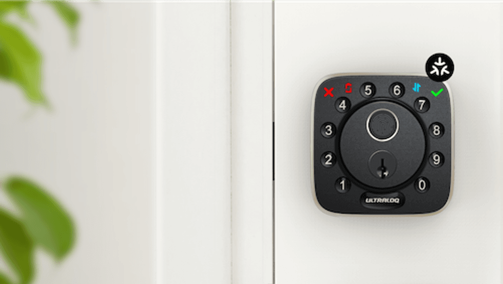 a photo of ULTRALOQ Bolt Fingerprint Matter smart lock on a door with Matter Logo