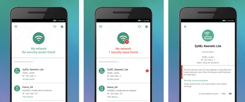 A picture of three smartphone screens with Kaspersky iot scanner app on each screen.